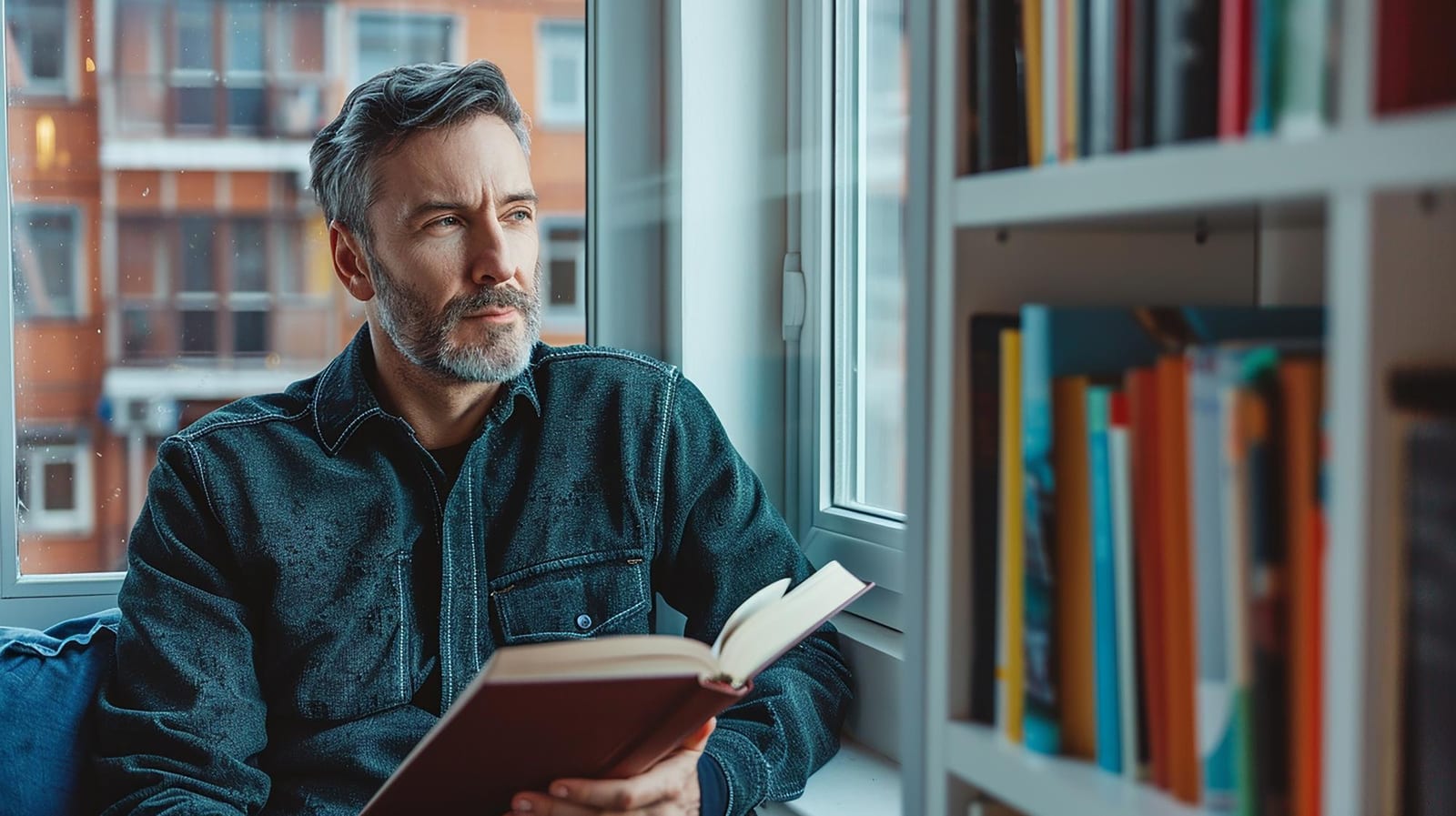 Leitor perto da janela, segurando um livro aberto, com uma estante de livros coloridos ao lado